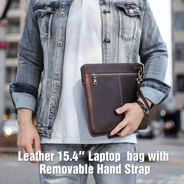 CONTACTS FAMILY Large Capacity Retro Crazy Horse Cowhide Genuine Leather Laptop Protective Bag with Hand Strap for MacBook Pro 15.4inch/16inch - 4