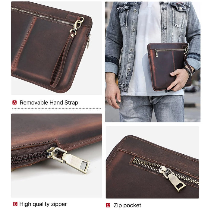 CONTACTS FAMILY Large Capacity Retro Crazy Horse Cowhide Genuine Leather Laptop Protective Bag with Hand Strap for MacBook Pro 15.4inch/16inch - 5