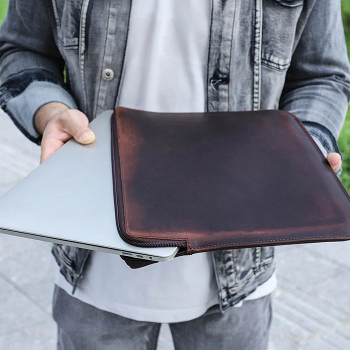 CONTACTS FAMILY Large Capacity Retro Crazy Horse Cowhide Genuine Leather Laptop Protective Bag with Hand Strap for MacBook Pro 15.4inch/16inch - 7