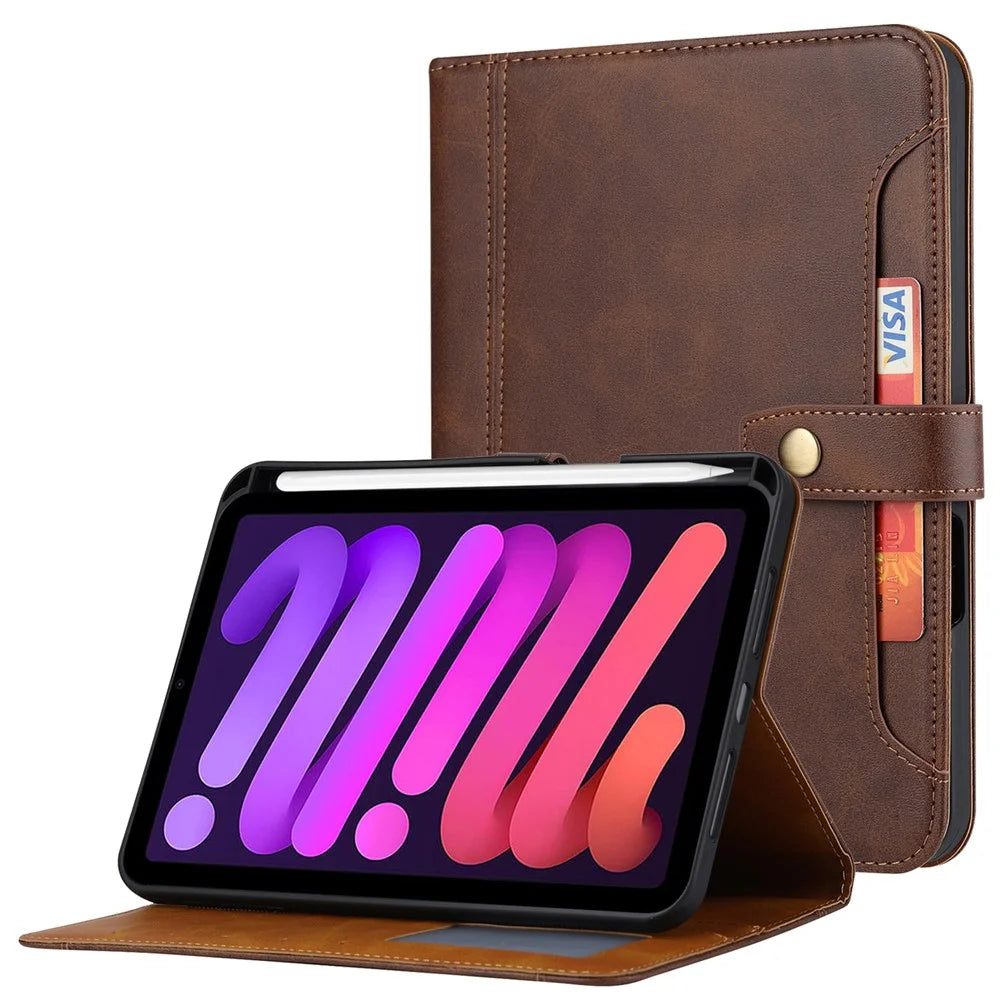 Multiple Card Slots Design Auto Wake / Sleep PU Leather Tablet Case with Stand and Wallet for iPad mini (2024) / mini (2021) - Brown - 1
