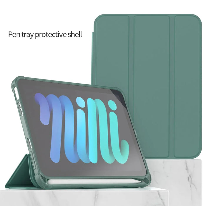 Tri-Fold Stand Auto Wake / Sleep PU Leather Tablet Cover Case with Pen Slot for iPad mini (2024) / mini (2021) - Dark Green - 2