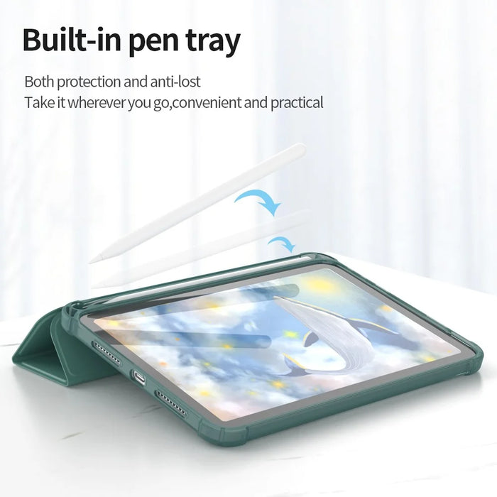 Tri-Fold Stand Auto Wake / Sleep PU Leather Tablet Cover Case with Pen Slot for iPad mini (2024) / mini (2021) - Dark Green - 3