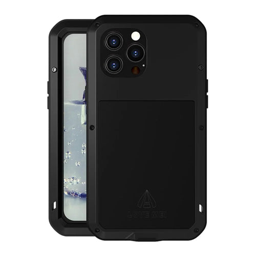 LOVE MEI Well-Protected Anti-Drop Anti-Scratch Metal Bumper Silicone Case with Tempered Glass Film for iPhone 13 Pro Max 6.7 inch - Black - 1