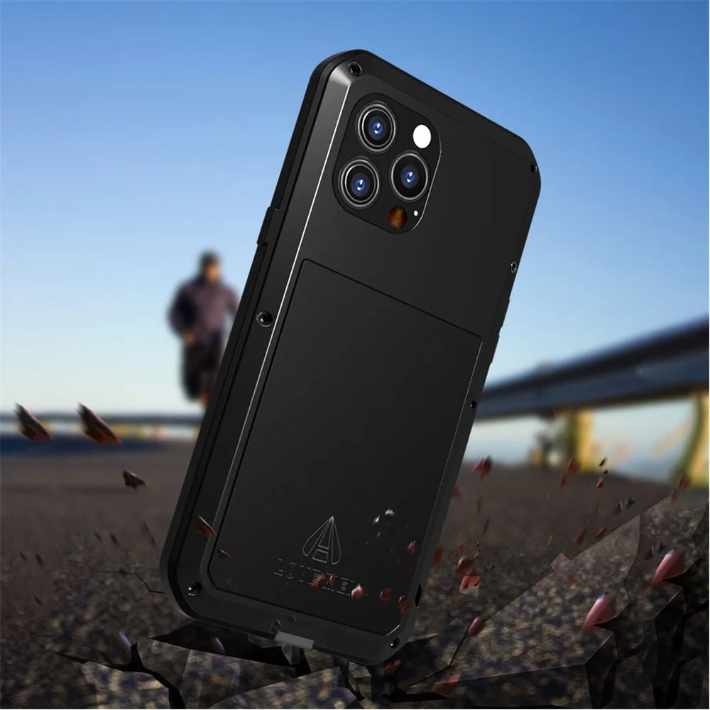 LOVE MEI Well-Protected Anti-Drop Anti-Scratch Metal Bumper Silicone Case with Tempered Glass Film for iPhone 13 Pro Max 6.7 inch - Black - 2