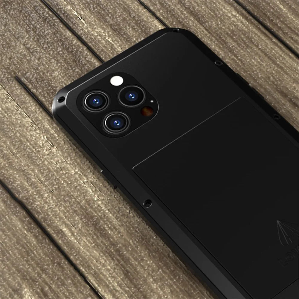 LOVE MEI Well-Protected Anti-Drop Anti-Scratch Metal Bumper Silicone Case with Tempered Glass Film for iPhone 13 Pro Max 6.7 inch - Black - 4