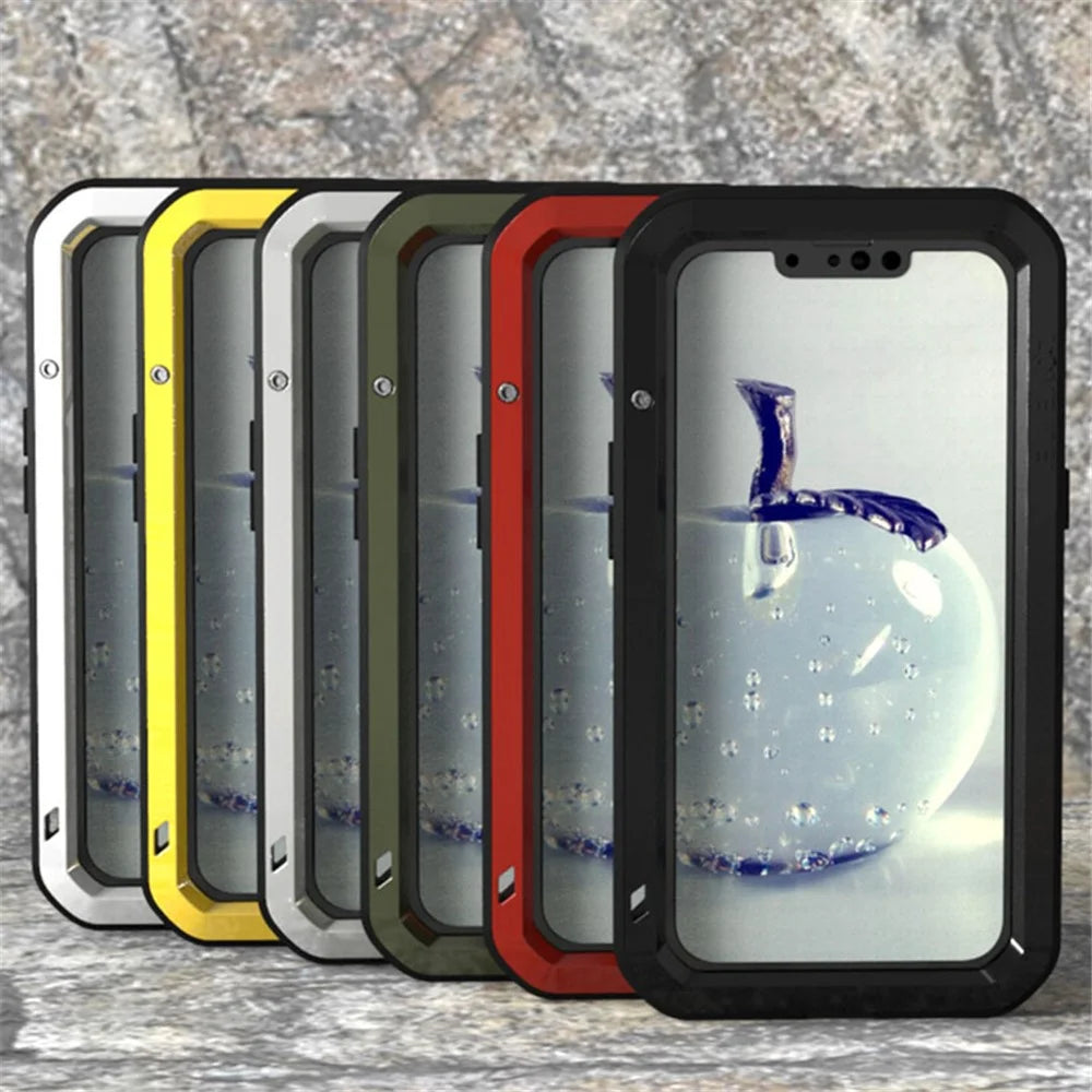 LOVE MEI Well-Protected Anti-Drop Anti-Scratch Metal Bumper Silicone Case with Tempered Glass Film for iPhone 13 Pro Max 6.7 inch - Black - 6