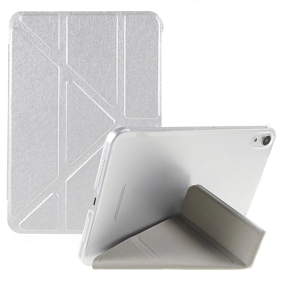 Silk Texture Origami Stand PU Leather Cover + Hard PC Back Panel Tablet Cover Case for iPad mini (2024) / mini (2021) - Silver - 1