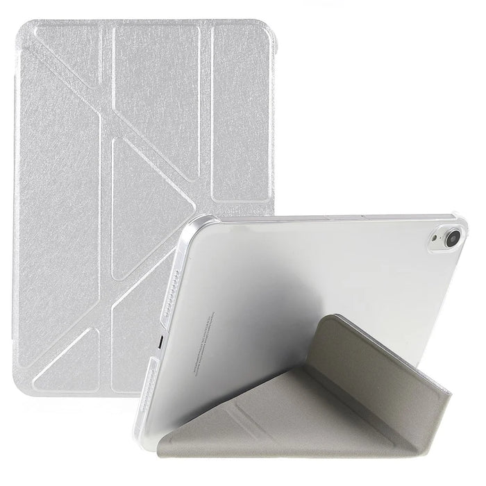 Silk Texture Origami Stand PU Leather Cover + Hard PC Back Panel Tablet Cover Case for iPad mini (2024) / mini (2021) - Silver - 1
