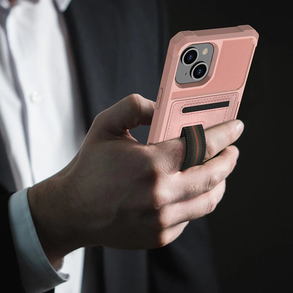 ZM06 Anti-fall Well-protected PU Leather + TPU Card Slot Design Case with Elastic Finger Strap for iPhone 13 mini 5.4 inch - Rose Gold - 3