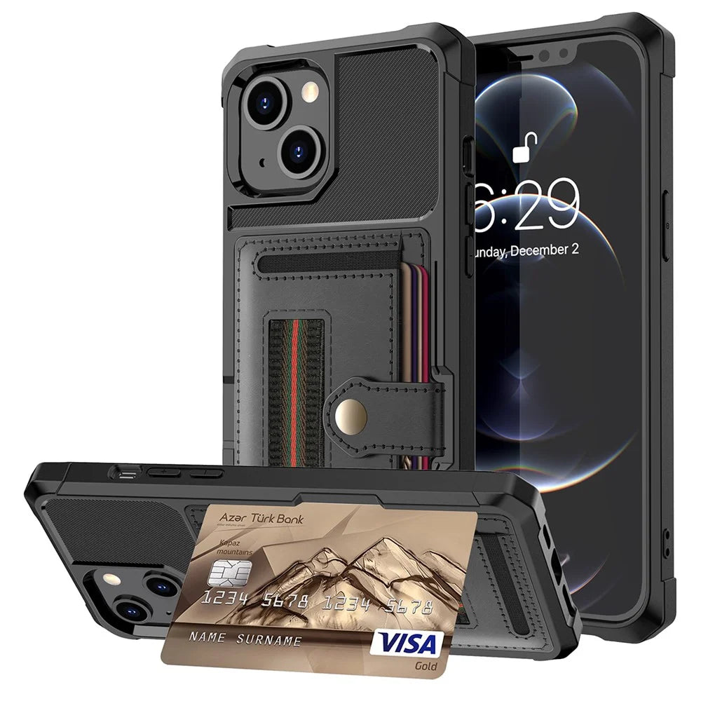 ZM06 PU Leather + TPU Anti-scratch Card Slot Design Case with Elastic Finger Strap for iPhone 13 6.1 inch - Black - 1