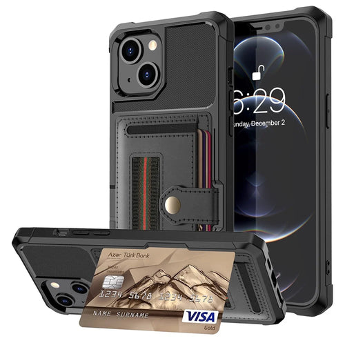 ZM06 PU Leather + TPU Anti-scratch Card Slot Design Case with Elastic Finger Strap for iPhone 13 6.1 inch - Black - 1