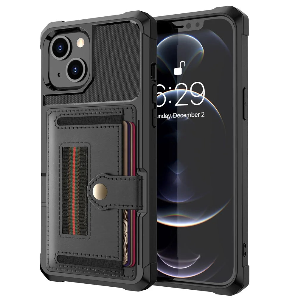 ZM06 PU Leather + TPU Anti-scratch Card Slot Design Case with Elastic Finger Strap for iPhone 13 6.1 inch - Black - 2