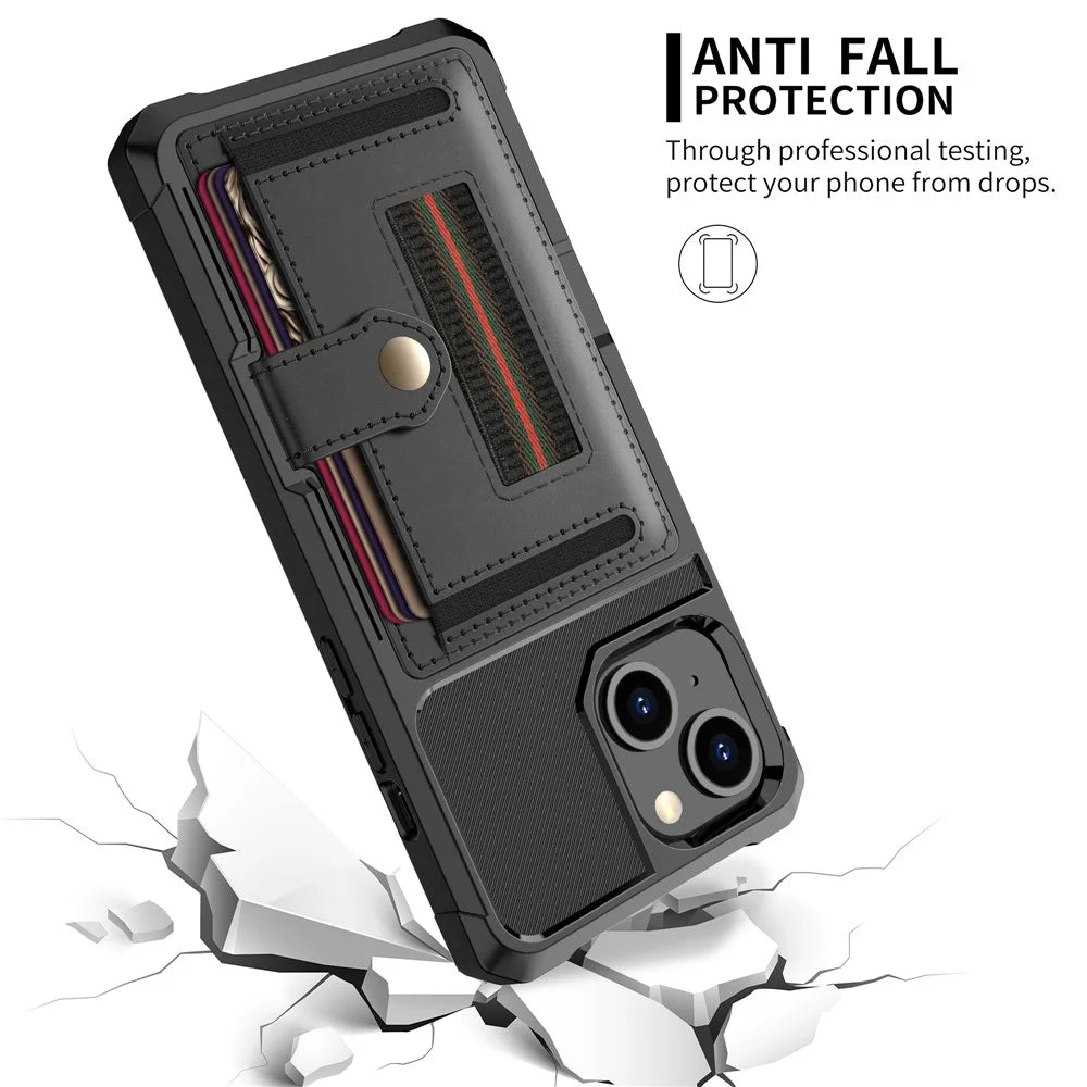 ZM06 PU Leather + TPU Anti-scratch Card Slot Design Case with Elastic Finger Strap for iPhone 13 6.1 inch - Black - 6