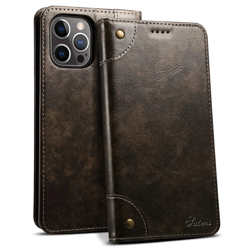 SUTENI 055 Series Wallet Design Flip Phone Cover Automatic Closing PU Leather+TPU Case with Stand for iPhone 12 Pro Max 6.7 inch - Black - 1
