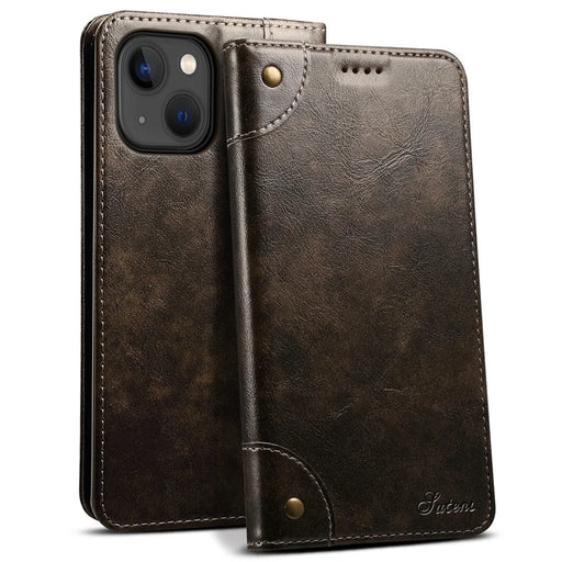 SUTENI 055 Series Anti-Scratch Anti-Drop Flip Phone Cover PU Leather+TPU Case Shell with Wallet and Stand for iPhone 13 6.1 inch - Black - 1