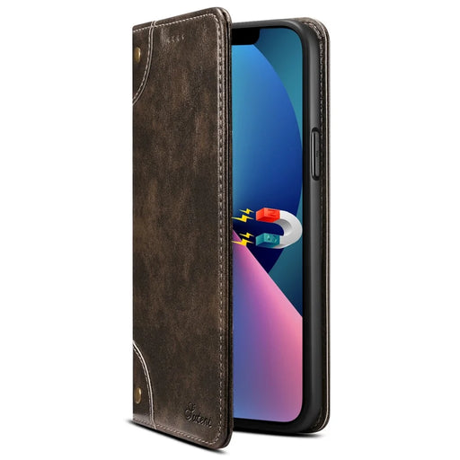 SUTENI 055 Series Anti-Scratch Anti-Drop Flip Phone Cover PU Leather+TPU Case Shell with Wallet and Stand for iPhone 13 6.1 inch - Black - 2