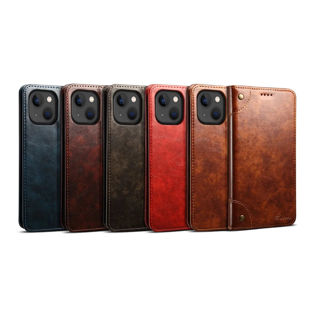 SUTENI 055 Series Anti-Scratch Anti-Drop Flip Phone Cover PU Leather+TPU Case Shell with Wallet and Stand for iPhone 13 6.1 inch - Black - 6