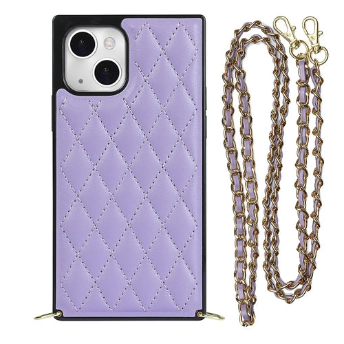 Phone Cover Soft TPU+Microfiber Leather Phone Back Case with Shoulder Strap for iPhone 13 6.1 inch - Purple - 1