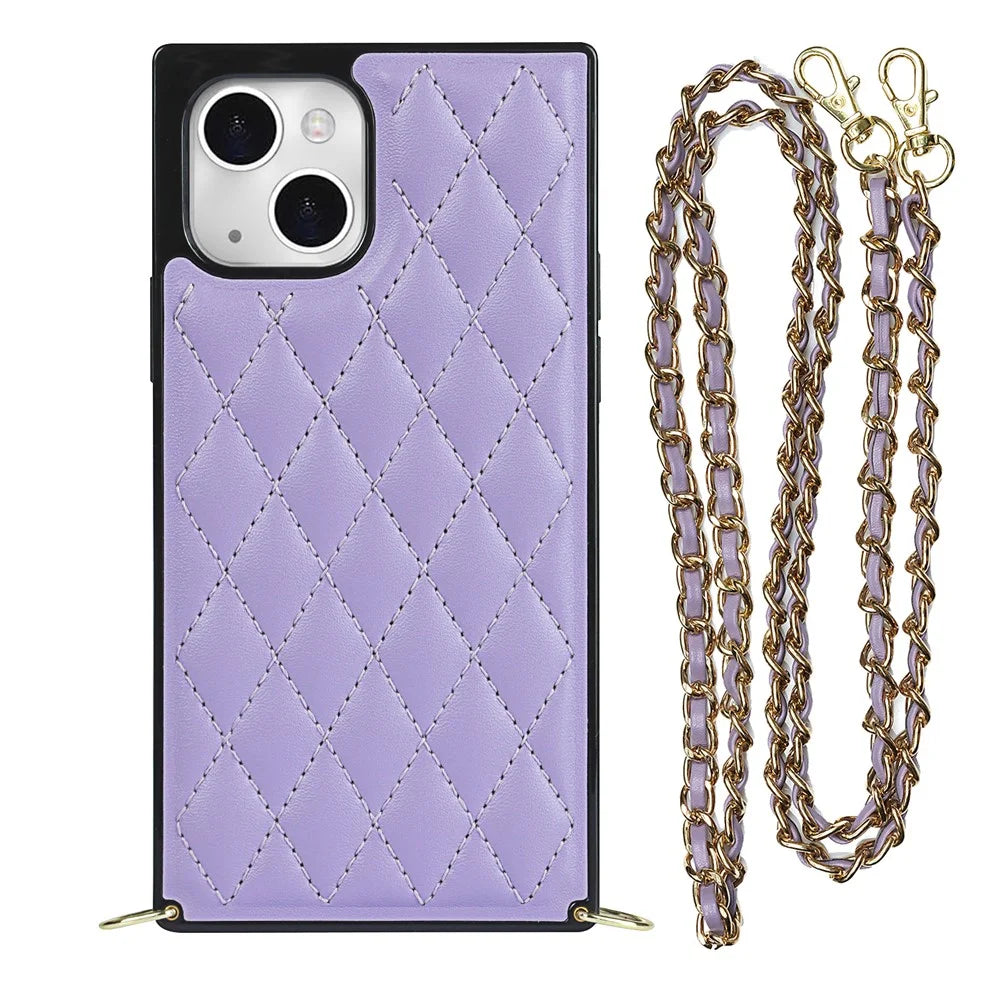 Phone Cover Soft TPU+Microfiber Leather Phone Back Case with Shoulder Strap for iPhone 13 6.1 inch - Purple - 1