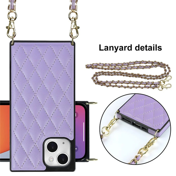 Phone Cover Soft TPU+Microfiber Leather Phone Back Case with Shoulder Strap for iPhone 13 6.1 inch - Purple - 3