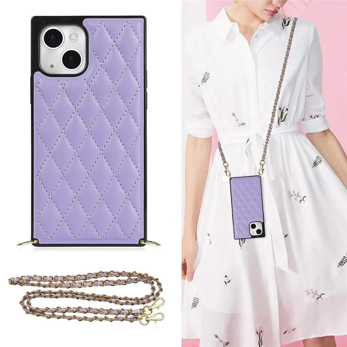 Phone Cover Soft TPU+Microfiber Leather Phone Back Case with Shoulder Strap for iPhone 13 6.1 inch - Purple - 4