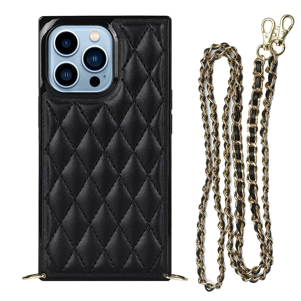 Shockproof Rhombus Grid Microfiber Leather and TPU Phone Back Case Phone Cover with Metal Long Shoulder Strap for iPhone 13 Pro 6.1 inch - Black - 1