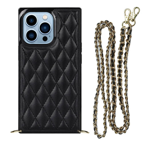 Shockproof Rhombus Grid Microfiber Leather and TPU Phone Back Case Phone Cover with Metal Long Shoulder Strap for iPhone 13 Pro 6.1 inch - Black - 1