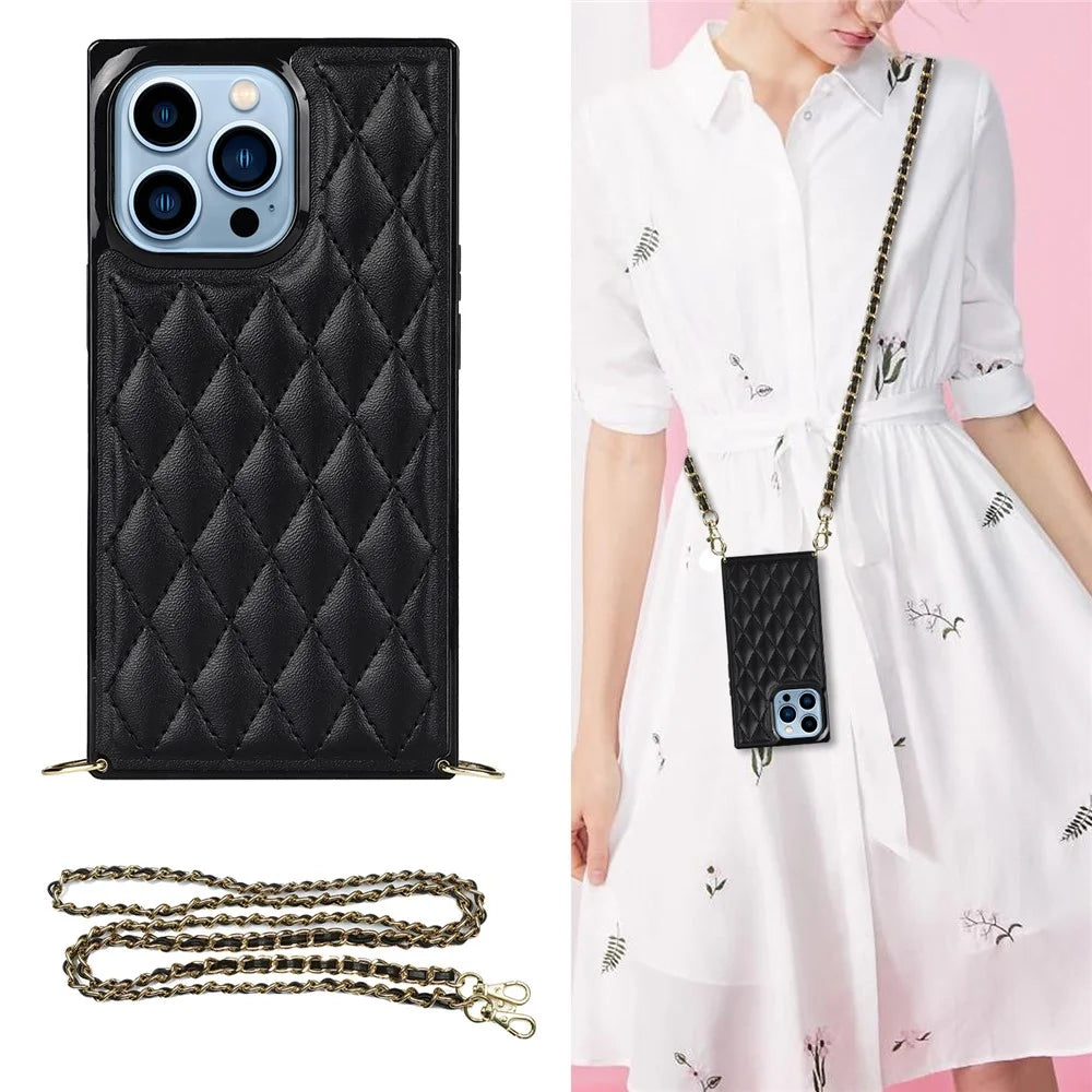Shockproof Rhombus Grid Microfiber Leather and TPU Phone Back Case Phone Cover with Metal Long Shoulder Strap for iPhone 13 Pro 6.1 inch - Black - 3