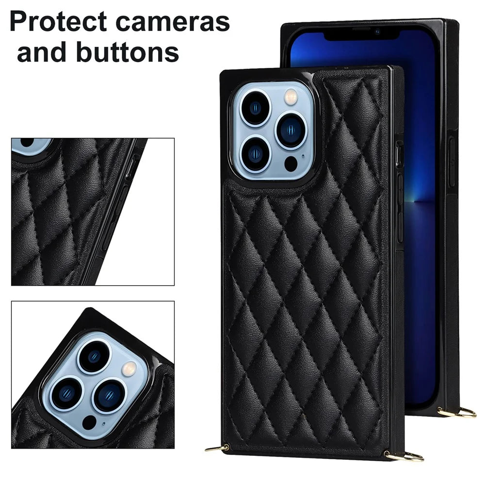 Shockproof Rhombus Grid Microfiber Leather and TPU Phone Back Case Phone Cover with Metal Long Shoulder Strap for iPhone 13 Pro 6.1 inch - Black - 4