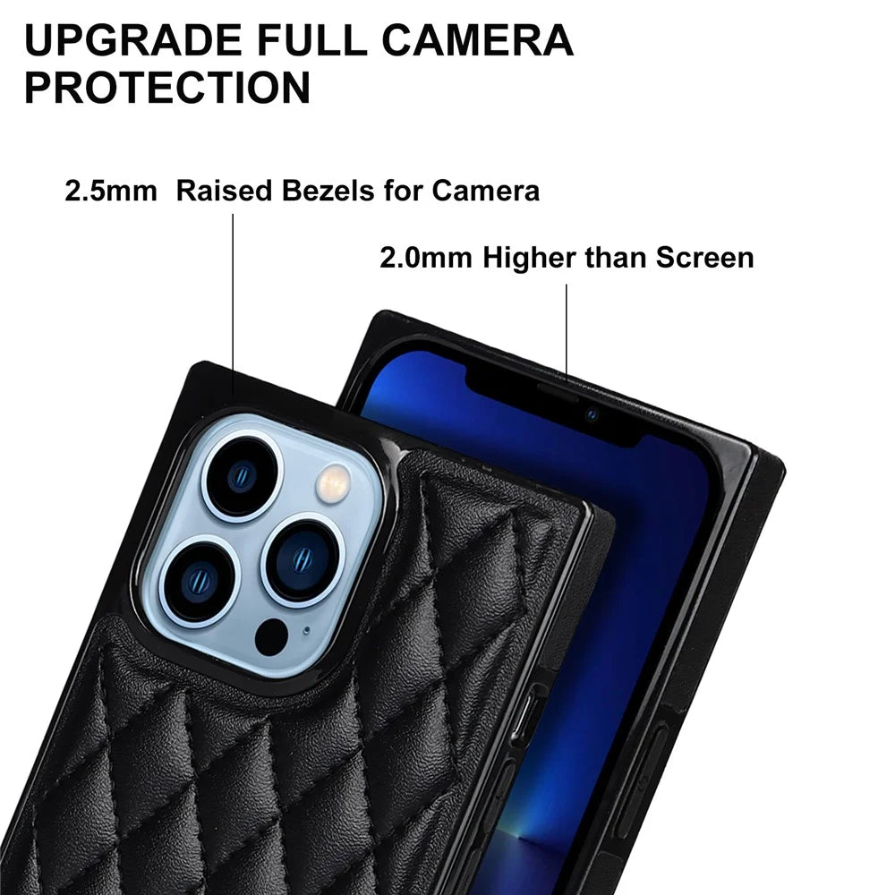 Shockproof Rhombus Grid Microfiber Leather and TPU Phone Back Case Phone Cover with Metal Long Shoulder Strap for iPhone 13 Pro 6.1 inch - Black - 5
