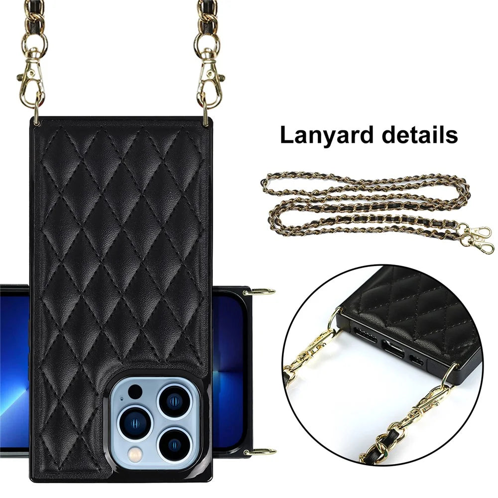 Shockproof Rhombus Grid Microfiber Leather and TPU Phone Back Case Phone Cover with Metal Long Shoulder Strap for iPhone 13 Pro 6.1 inch - Black - 6