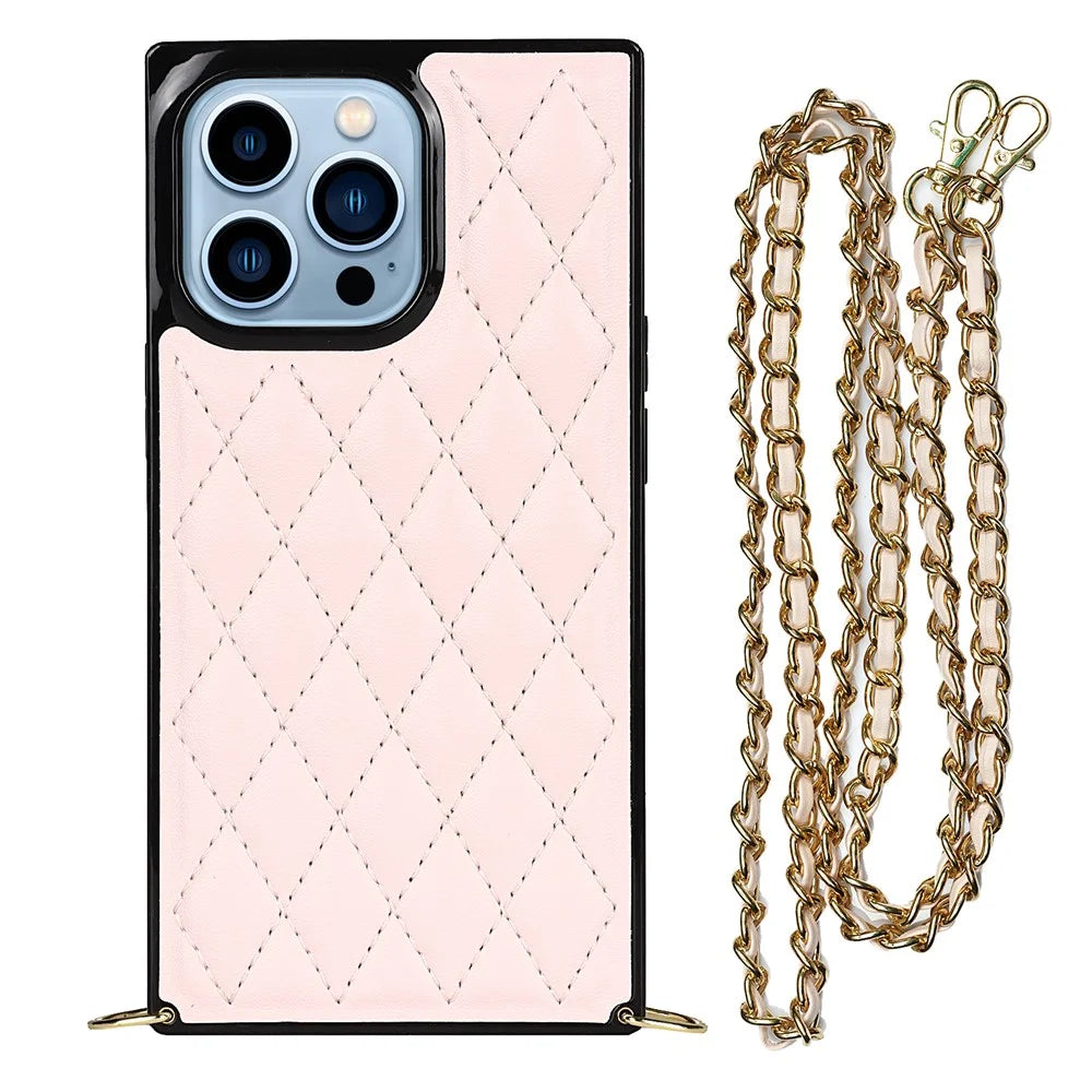 Rhombus Grid Pattern Well-protected Microfiber Leather Coated TPU Phone Case Cover with Metal Shoulder Strap for iPhone 13 Pro Max 6.7 inch - Pink - 1