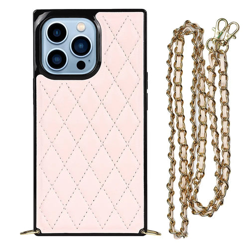 Rhombus Grid Pattern Well-protected Microfiber Leather Coated TPU Phone Case Cover with Metal Shoulder Strap for iPhone 13 Pro Max 6.7 inch - Pink - 1