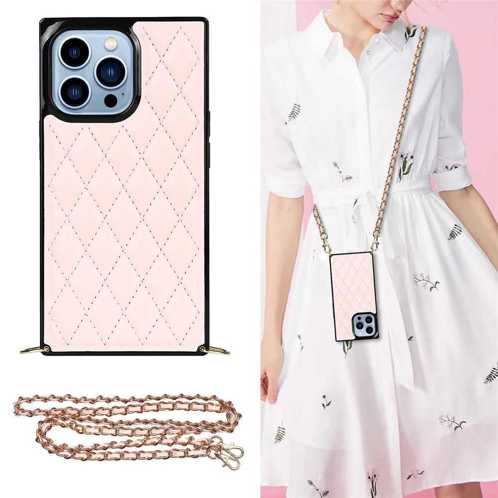 Rhombus Grid Pattern Well-protected Microfiber Leather Coated TPU Phone Case Cover with Metal Shoulder Strap for iPhone 13 Pro Max 6.7 inch - Pink - 3