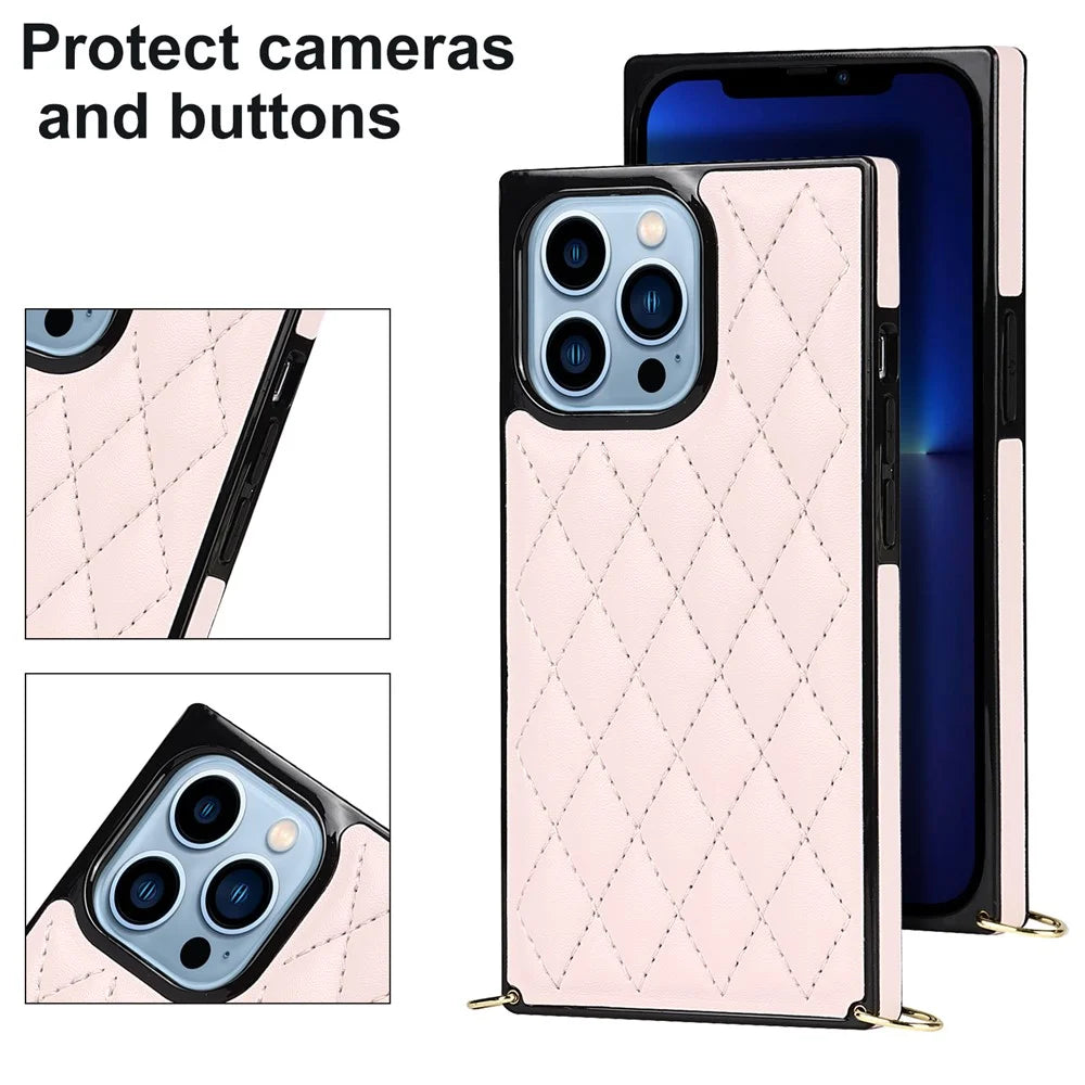 Rhombus Grid Pattern Well-protected Microfiber Leather Coated TPU Phone Case Cover with Metal Shoulder Strap for iPhone 13 Pro Max 6.7 inch - Pink - 4