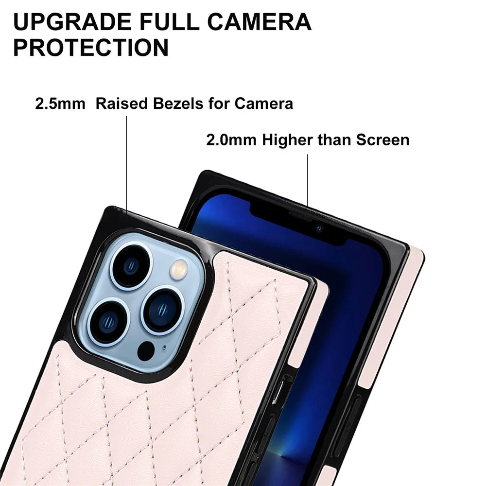 Rhombus Grid Pattern Well-protected Microfiber Leather Coated TPU Phone Case Cover with Metal Shoulder Strap for iPhone 13 Pro Max 6.7 inch - Pink - 5