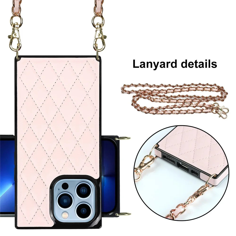 Rhombus Grid Pattern Well-protected Microfiber Leather Coated TPU Phone Case Cover with Metal Shoulder Strap for iPhone 13 Pro Max 6.7 inch - Pink - 6