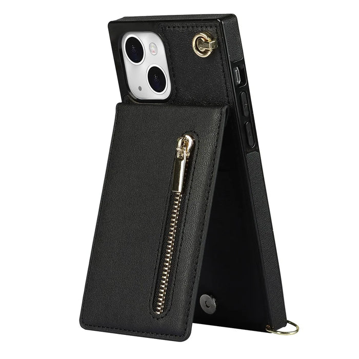 PU Leather Kickstand Phone Shell Anti-fall Shoulder Bag Zippered Wallet Pouch with Shoulder Strap for iPhone 13 6.1 inch - Black - 2