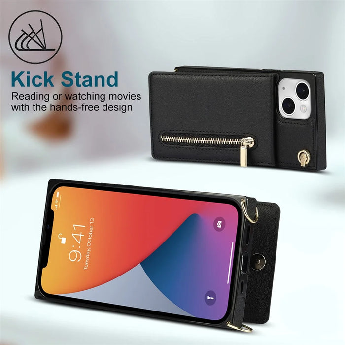 PU Leather Kickstand Phone Shell Anti-fall Shoulder Bag Zippered Wallet Pouch with Shoulder Strap for iPhone 13 6.1 inch - Black - 4