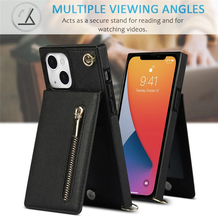 PU Leather Kickstand Phone Shell Anti-fall Shoulder Bag Zippered Wallet Pouch with Shoulder Strap for iPhone 13 6.1 inch - Black - 5