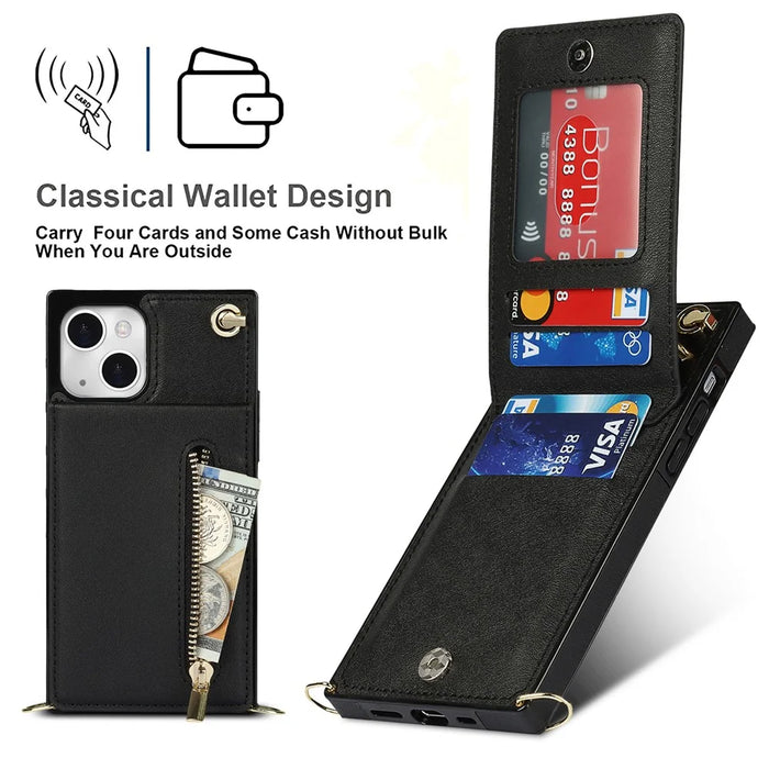 PU Leather Kickstand Phone Shell Anti-fall Shoulder Bag Zippered Wallet Pouch with Shoulder Strap for iPhone 13 6.1 inch - Black - 6
