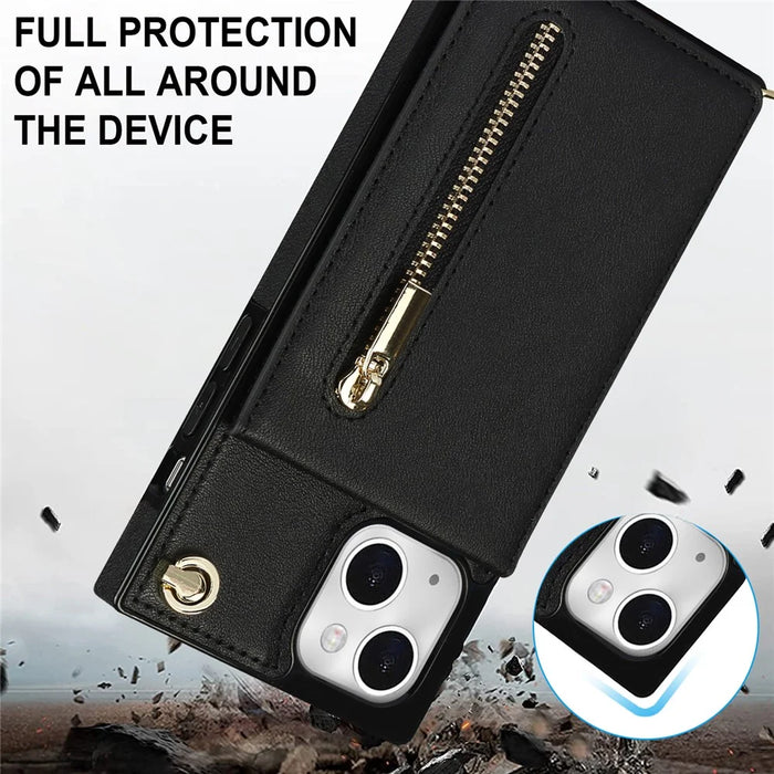 PU Leather Kickstand Phone Shell Anti-fall Shoulder Bag Zippered Wallet Pouch with Shoulder Strap for iPhone 13 6.1 inch - Black - 7