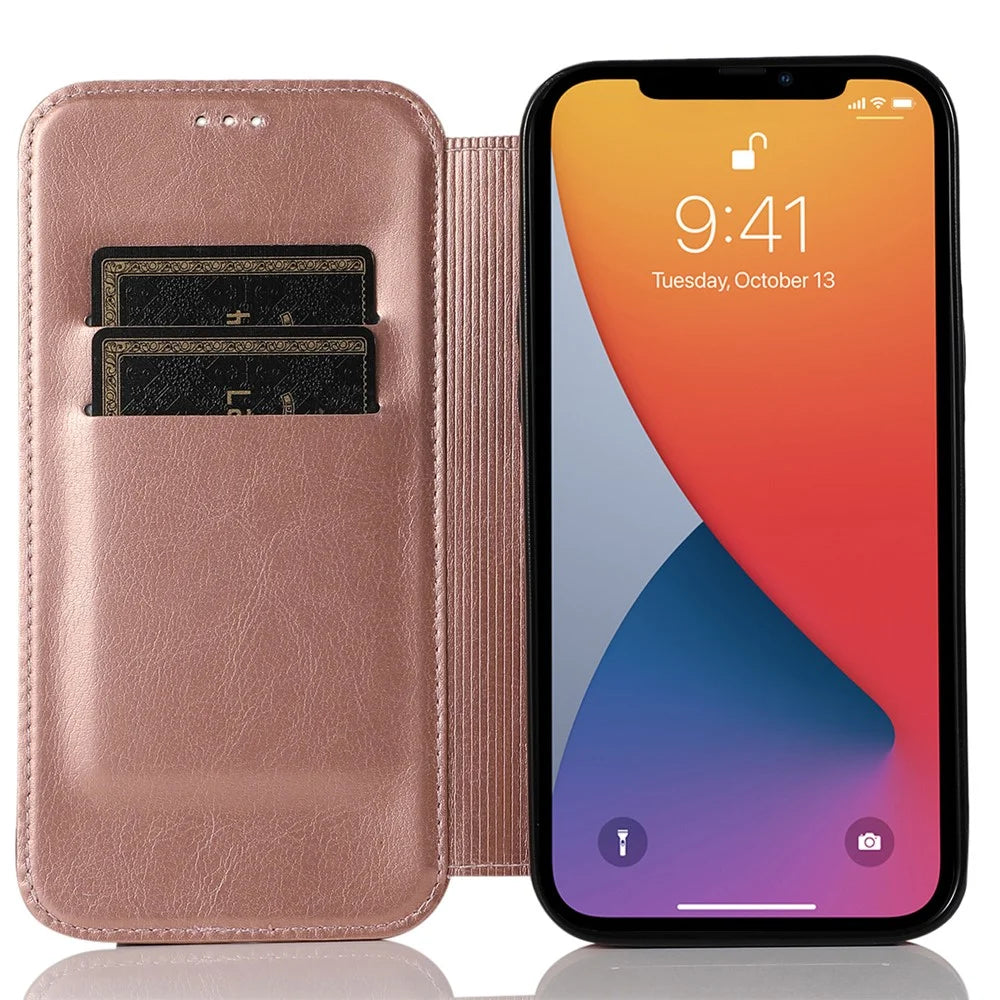 Jazz Series Auto-absorbed Magnetic Closure Stand Leather Phone Cover Shell with Card Slots for iPhone 13 mini 5.4 inch - Rose Gold - 4
