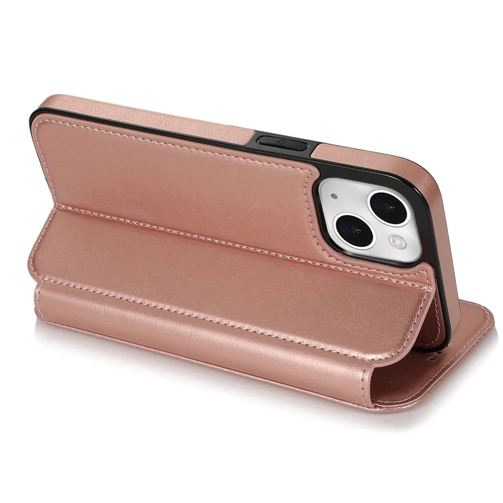 Jazz Series Auto-absorbed Magnetic Closure Stand Leather Phone Cover Shell with Card Slots for iPhone 13 mini 5.4 inch - Rose Gold - 6