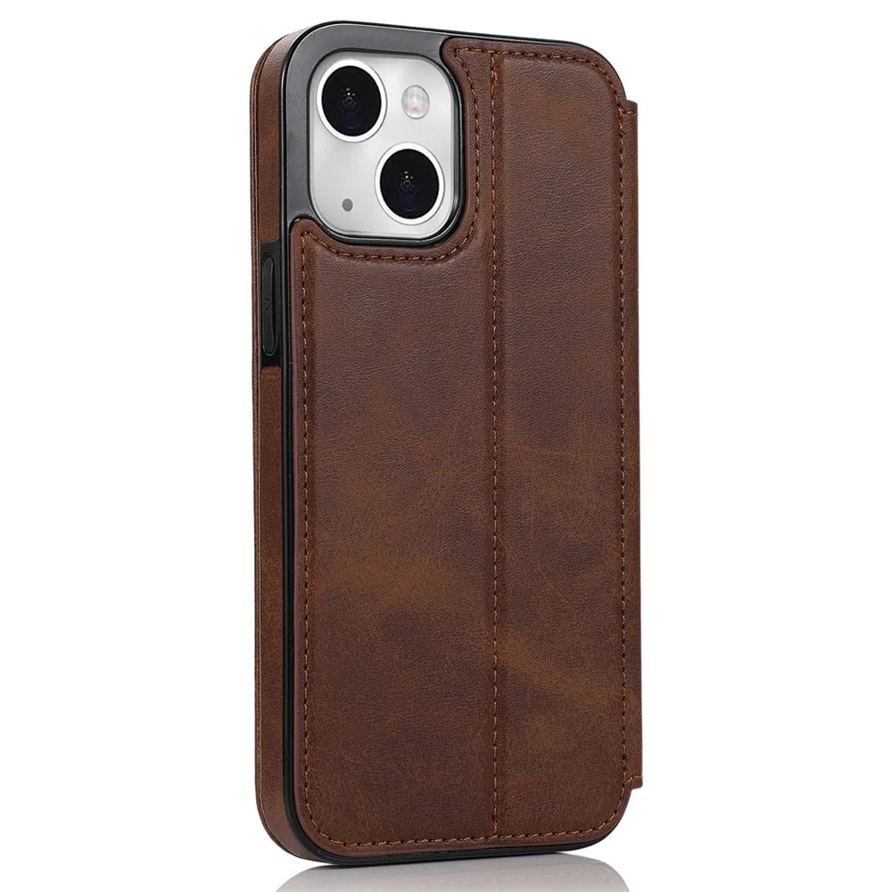 Jazz Series Card Slots PU Leather Magnetic Auto Closing Phone Cover Stand Protective Shell for iPhone 13 6.1 inch - Brown - 3