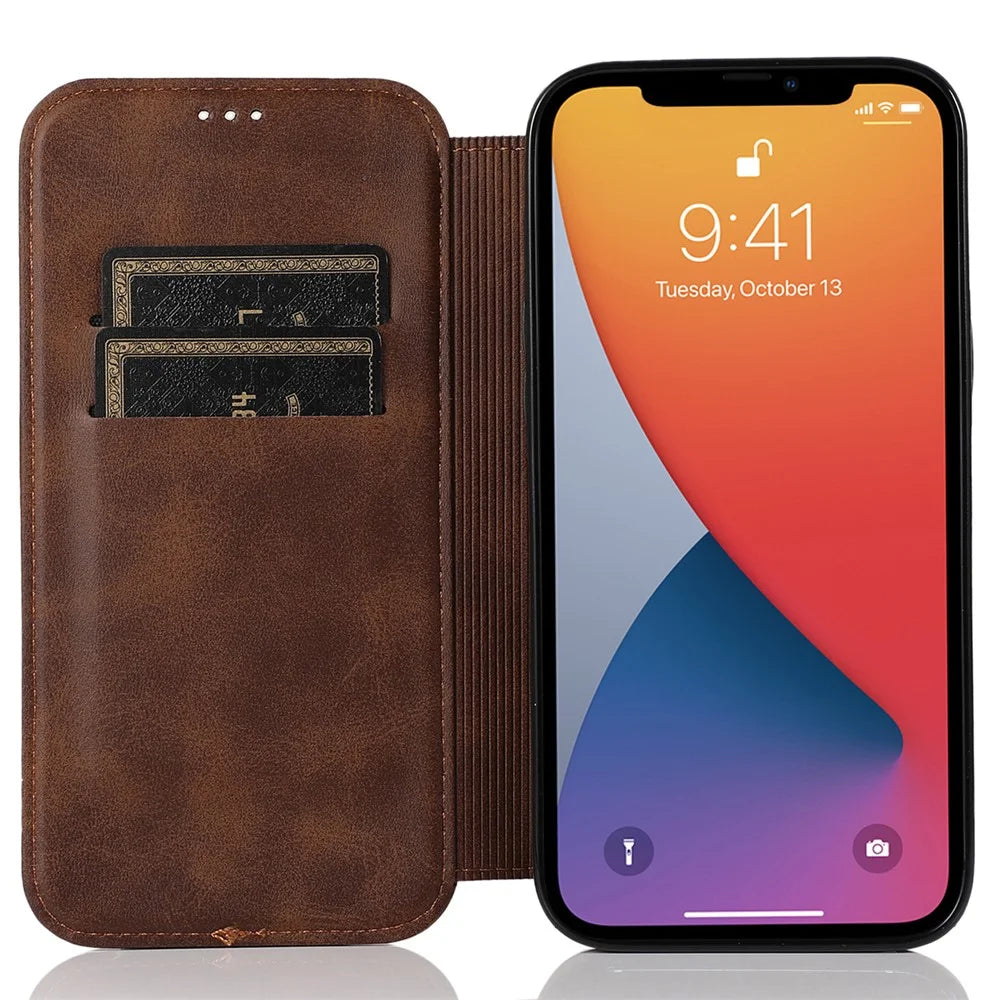 Jazz Series Card Slots PU Leather Magnetic Auto Closing Phone Cover Stand Protective Shell for iPhone 13 6.1 inch - Brown - 4