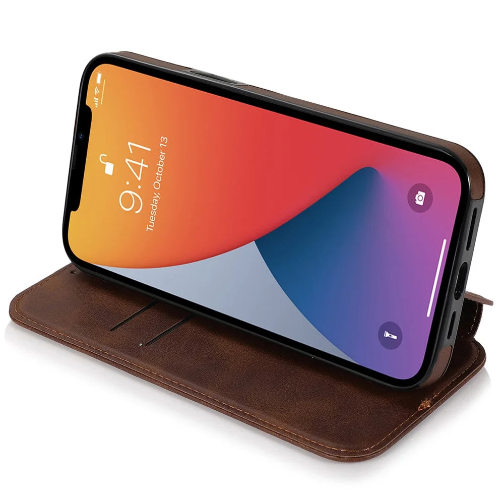 Jazz Series Card Slots PU Leather Magnetic Auto Closing Phone Cover Stand Protective Shell for iPhone 13 6.1 inch - Brown - 5