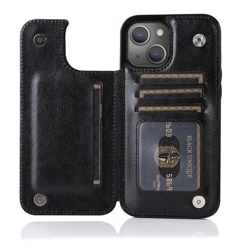 PU Leather Coated TPU Phone Case Double Magnetic Buttons Crazy Horse Texture Kickstand Card Holder Scratch-resistant Phone Cover for iPhone 13 6.1 inch - Black - 1