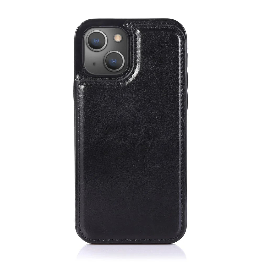 PU Leather Coated TPU Phone Case Double Magnetic Buttons Crazy Horse Texture Kickstand Card Holder Scratch-resistant Phone Cover for iPhone 13 6.1 inch - Black - 2