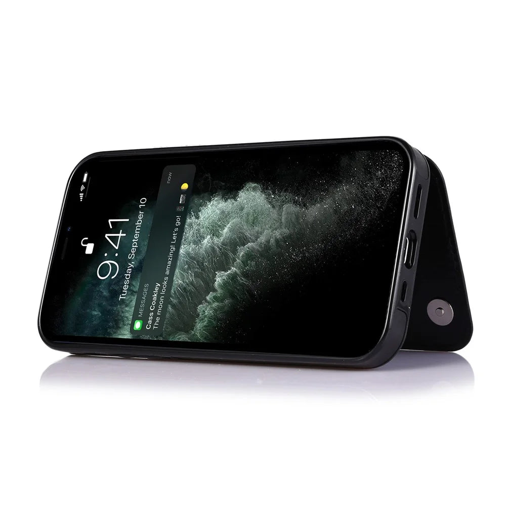 PU Leather Coated TPU Phone Case Double Magnetic Buttons Crazy Horse Texture Kickstand Card Holder Scratch-resistant Phone Cover for iPhone 13 6.1 inch - Black - 3